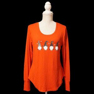 Santa’s Treasures Red Long Sleeve Tee Black and White Gnomes Women’s Medium